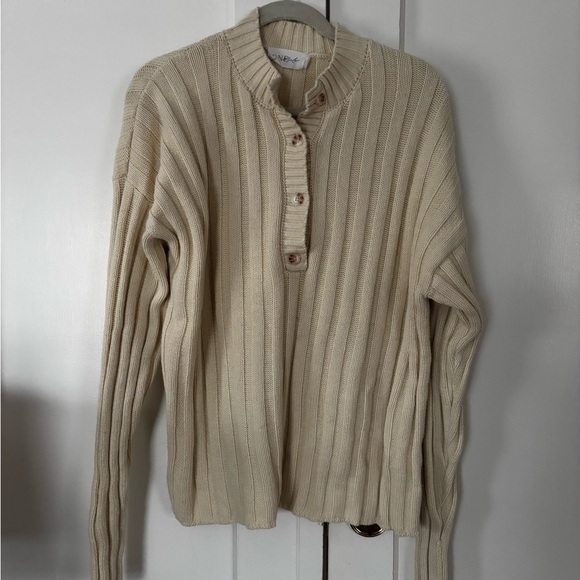 One Mile Sweaters - Neutral Cream Ribbed Henley Sweater